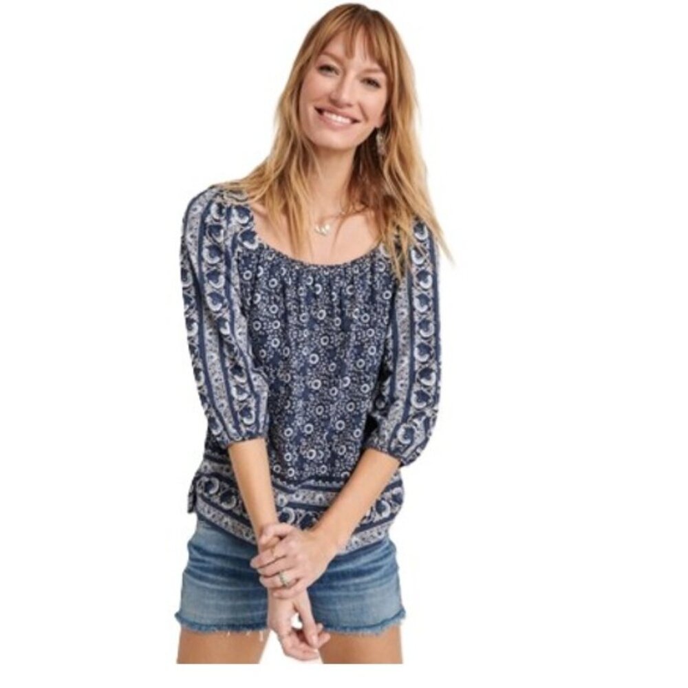 Lucky Brand Square Neck Border Print Peasant Top XL